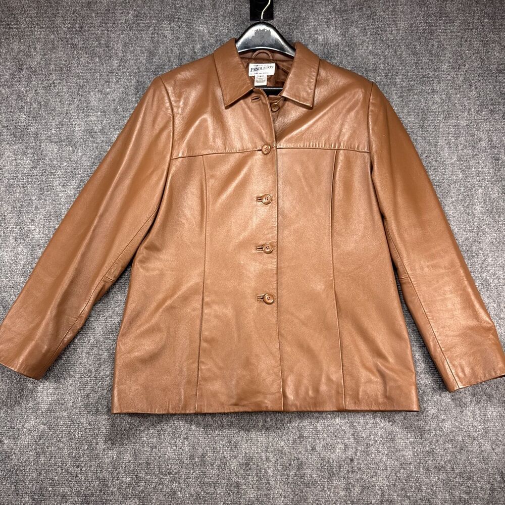 Pendleton Large Genuine Leather Jacket Brown Button Front Classic Collar Soft - Picture 2 of 5